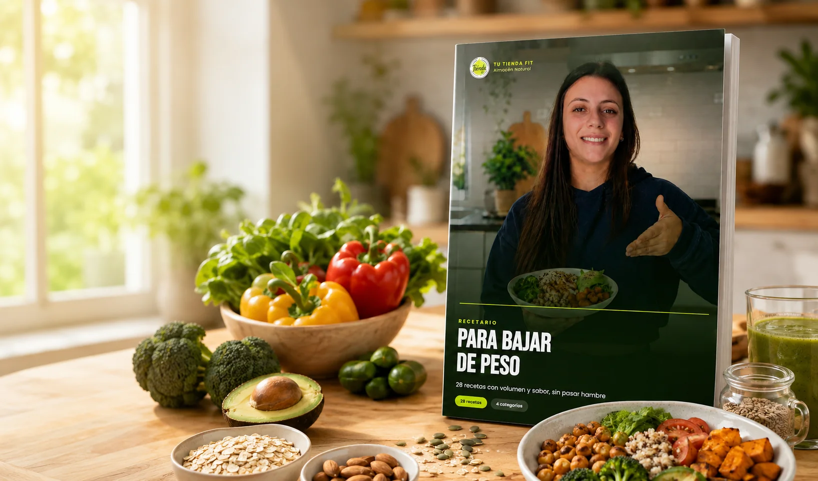 Recetario para bajar de peso de Tu Tienda Fit sobre una mesa con vegetales frescos