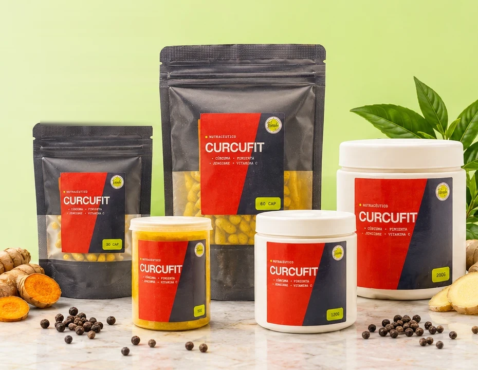 CURCUFIT: cápsulas y potes de cúrcuma, pimienta, jengibre y vitamina C