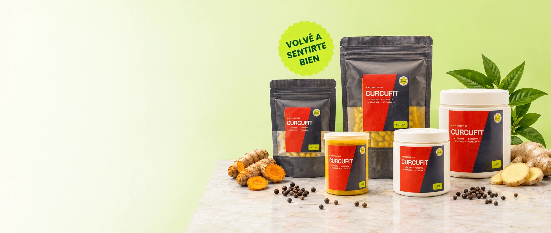 CURCUFIT: cápsulas y potes de cúrcuma, pimienta, jengibre y vitamina C